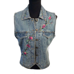 Vintage Bill Bass sleeveless vest Button up Floral Embroidered M Rhinestone